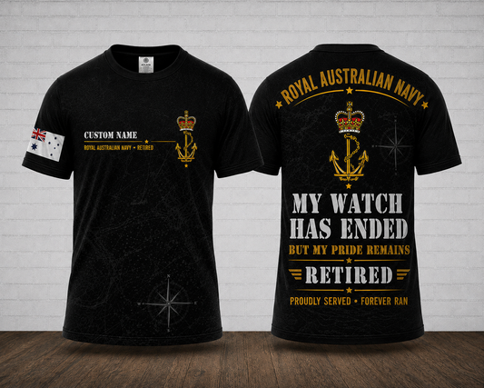 Custom Name Royal Australian Navy Retired My Watch Has Ended 3D T-Shirt