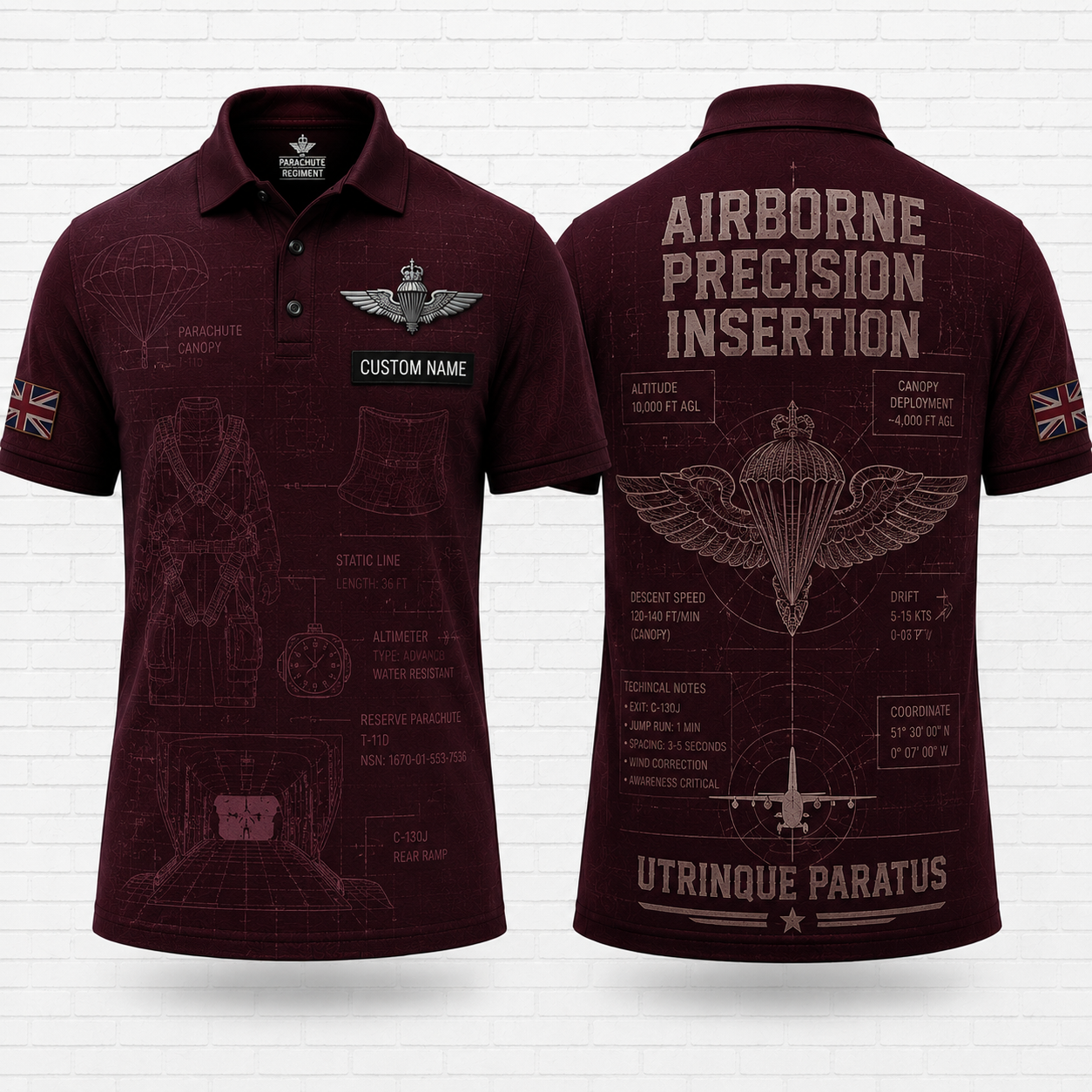 British Army Parachute Regiment Blueprint Polo Shirt - Custom Name Airborne Military Gift