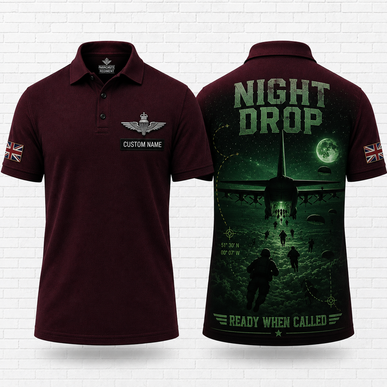 British Army Night Drop Airborne Polo Shirt - Custom Name Parachute Regiment Gift