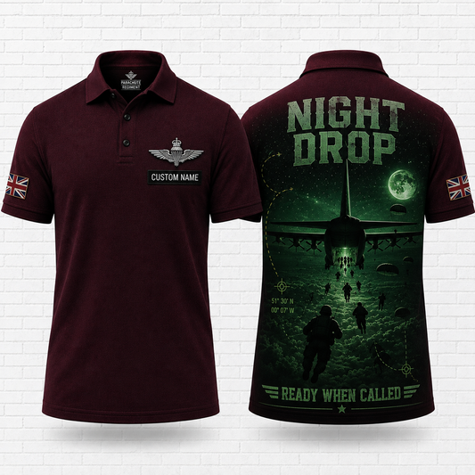 British Army Night Drop Airborne Polo Shirt - Custom Name Parachute Regiment Gift