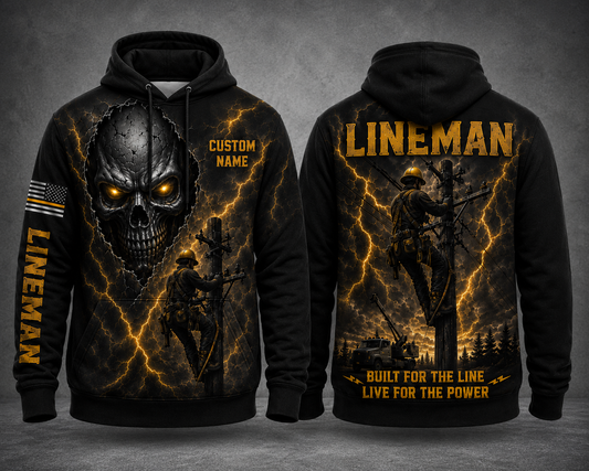 Custom Name Lineman Skull Halloween 3D Hoodie