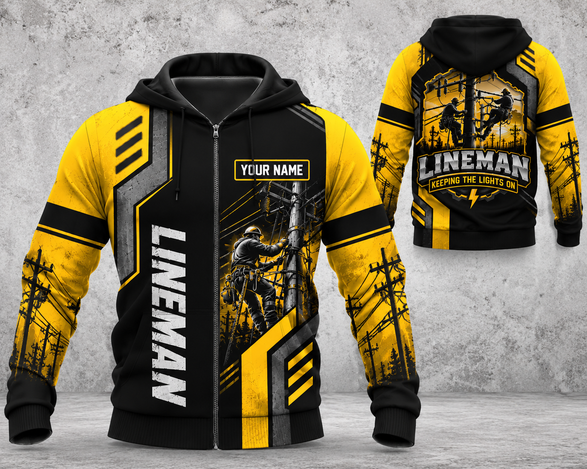 Personalized Lineman 3D Zip Hoodie - Keeping The Lights On Electrical Power Lineman Hoodie