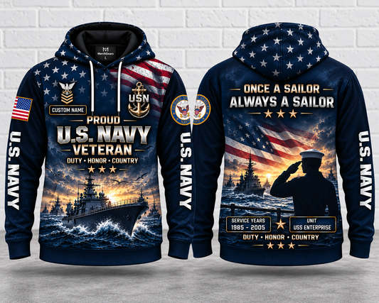 Personalized US Navy Veteran 3D Hoodie - Custom Name, Service Years & Unit