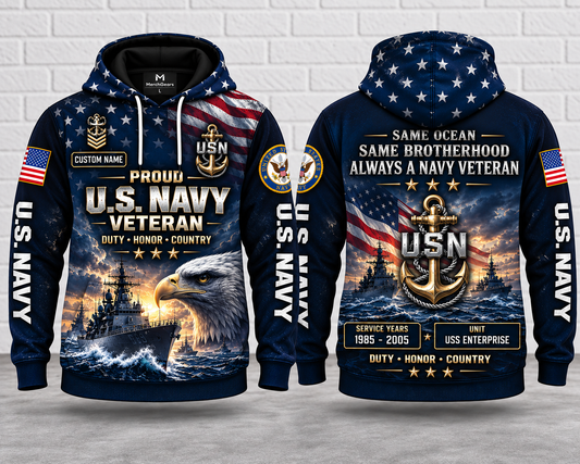Personalized US Navy Veteran 3D Hoodie - Custom Name, Service Years & Unit