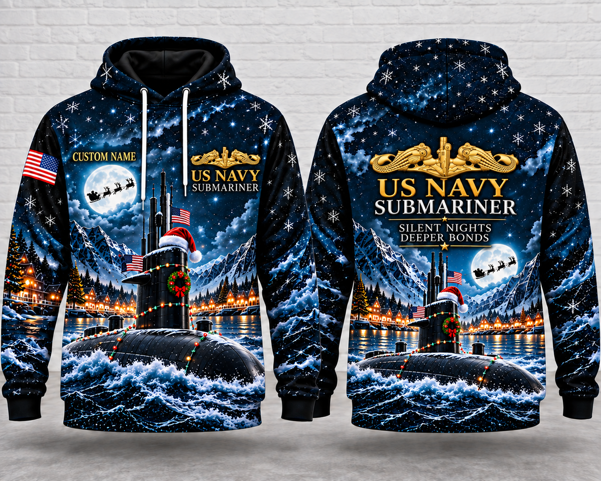 US Navy Submariner Christmas Custom Name 3D Hoodie - Silent Nights Deeper Bonds