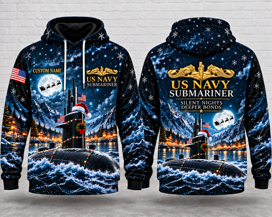 US Navy Submariner Christmas Custom Name 3D Hoodie - Silent Nights Deeper Bonds
