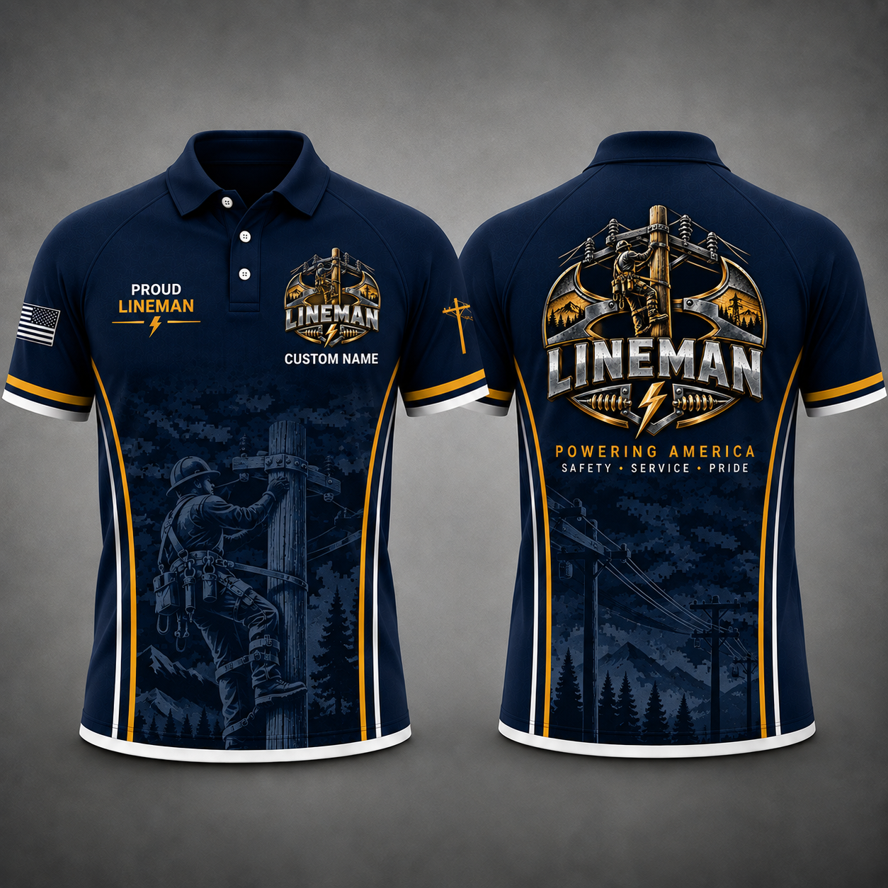 Custom Name Lineman Polo Shirt Powering America