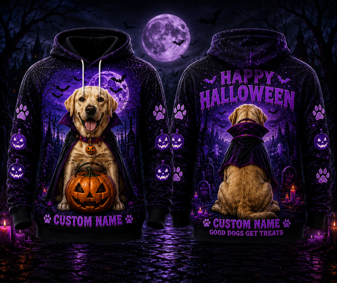 Custom Name Labrador Retriever Happy Halloween Good Dogs Get Treats 3D Hoodie