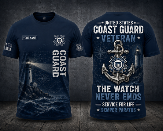 Custom Name US Coast Guard Veteran The Watch Never Ends 3D T-Shirt