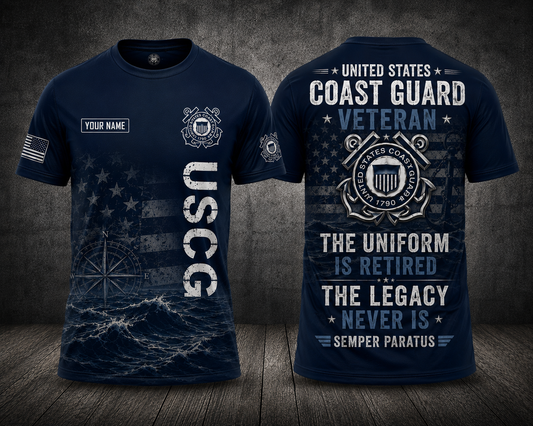 Custom Name US Coast Guard Veteran The Legacy Never Is Retired 3D T-Shirt