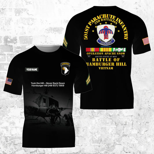 Custom Name & Rank 501st Parachute Infantry (101st Airborne Division) Hamburger Hill Veteran 3D T-shirt