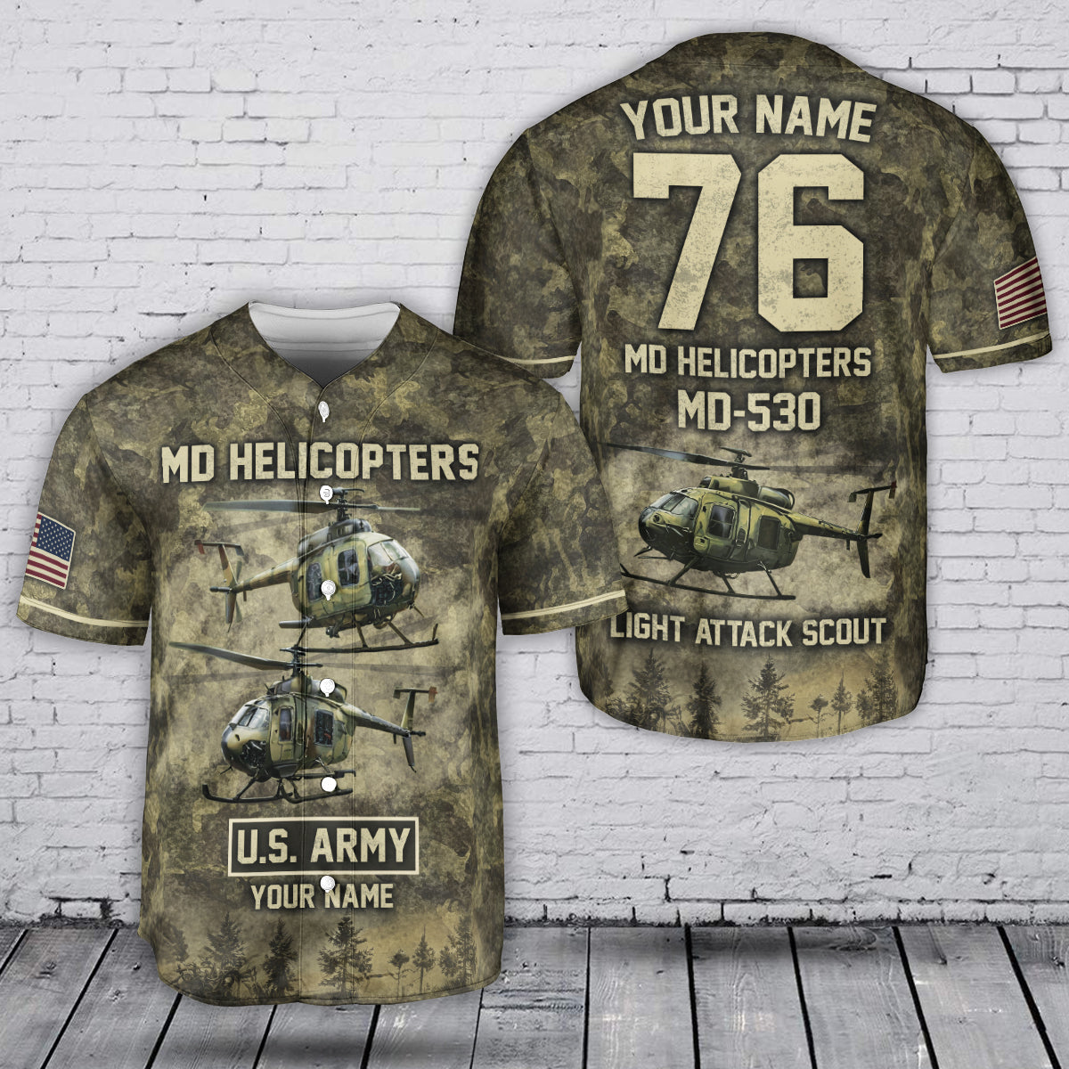 Custom Name & Number  U.S Army MD 530 Cayuse Warrior Helicopter Baseball Jersey
