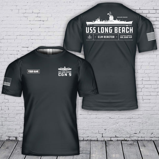 Custom Name US Navy USS Long Beach Nuclear Powered Cruiser (CGN-9) 3D T-Shirt