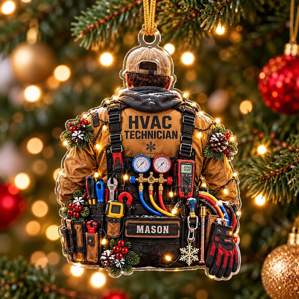 Personalized HVAC Technician Acrylic Ornament – Custom Name Tool Belt Christmas Gift