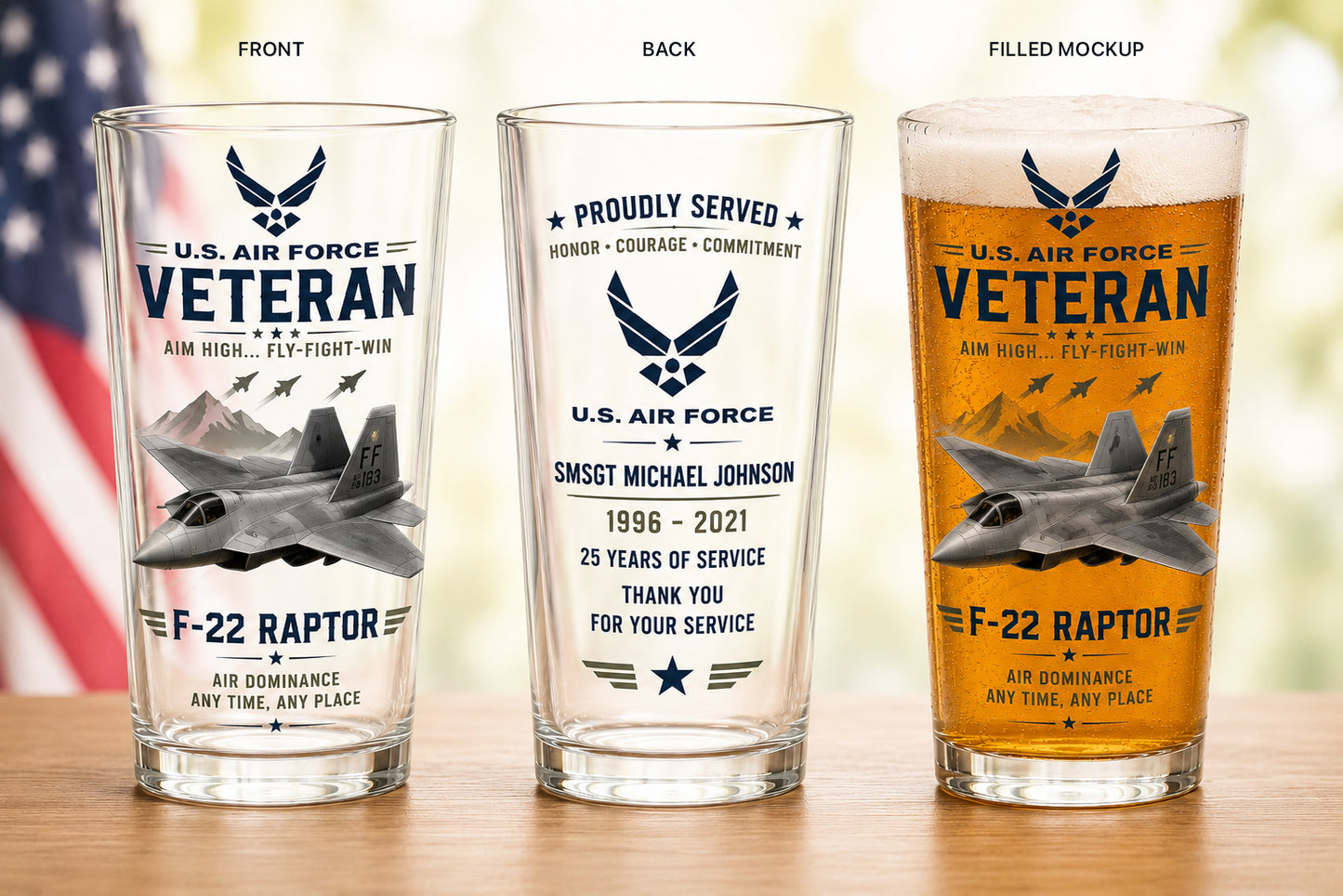 Custom Name, Rank and Years Served US Air Force F-22 Raptor Veteran 16oz Pint Beer Glass