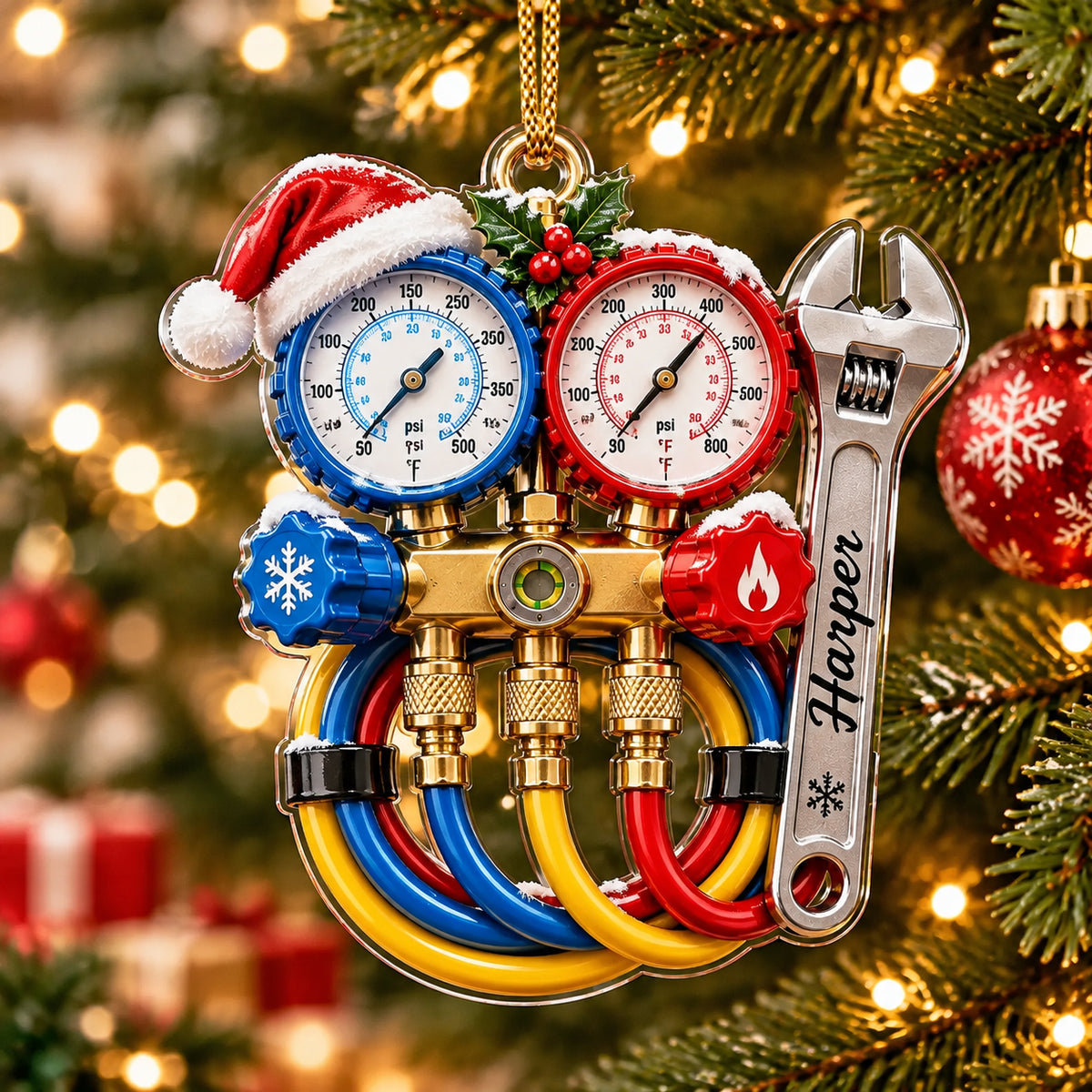 Personalized HVAC Manifold Gauge Acrylic Ornament – Custom Name Christmas Gift for HVAC Technicians