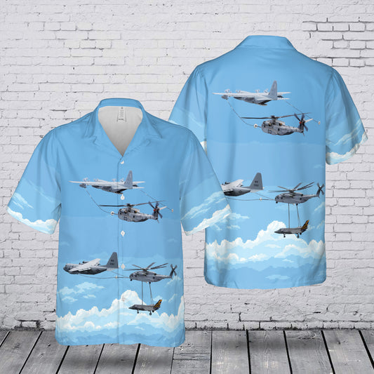 CH-53K refuels from KC-130 while transporting F-35 Hawaiian Shirt