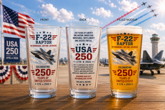 US Air Force F-22 Raptor USA 250th Anniversary 16 oz Print Glass Beer