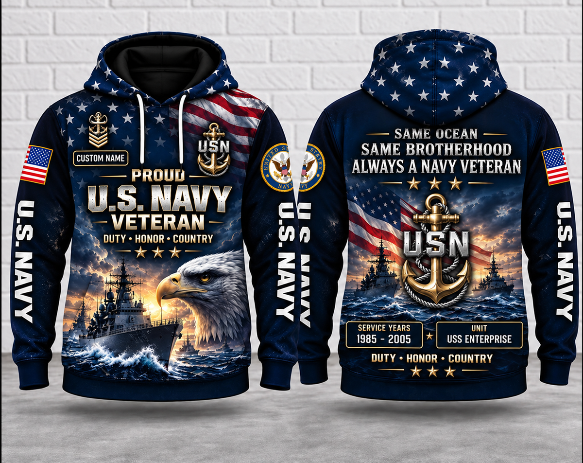 Personalized US Navy Veteran 3D Hoodie - Custom Name, Service Years & Unit