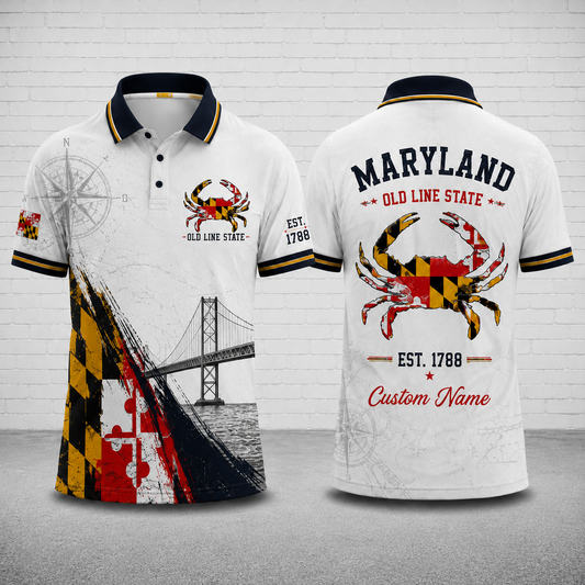 Personalized Maryland Flag Blue Crab Polo Shirt - Chesapeake Bay Heritage Gift