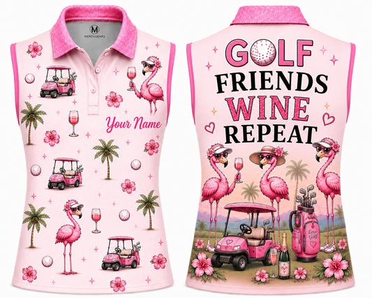 Personalized Golf Friends Wine Repeat Women's Sleeveless Athleisure Polo Shirt