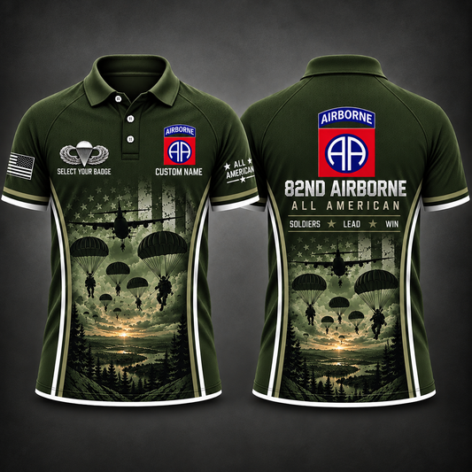82nd Airborne Custom Name & Parachutist Badge Military Green Polo Shirt