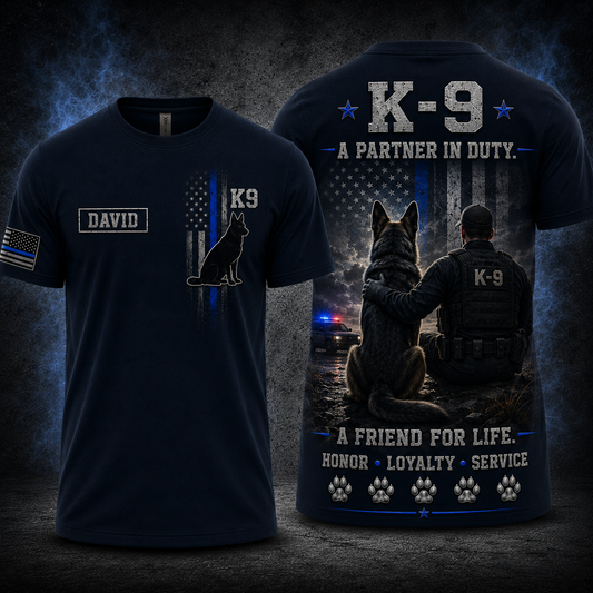 Custom Name Police K9 Handler German Shepherd 3D T-Shirt - Personalized Thin Blue Line Gift