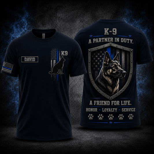 Custom Name Police K9 German Shepherd Shield 3D T-Shirt - Personalized Thin Blue Line Gift
