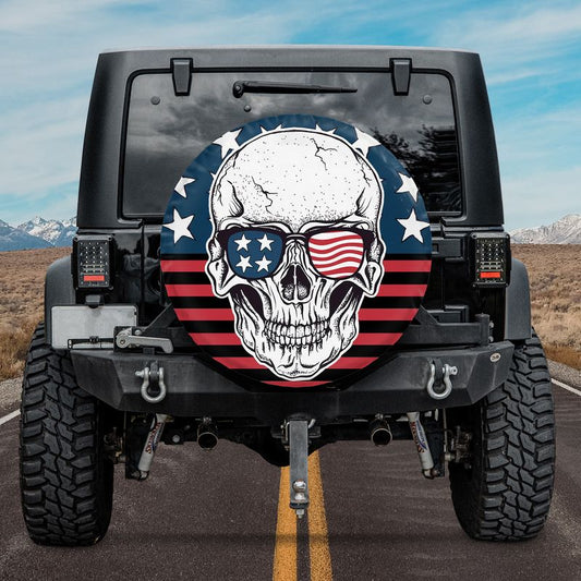 Skull With American Flag And Sunglasses Spare Tire Cover