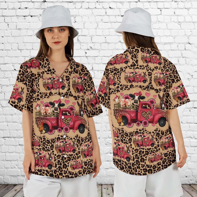 Valentine's Day Leopard Farm Animals Truck Hawaiian Shirt