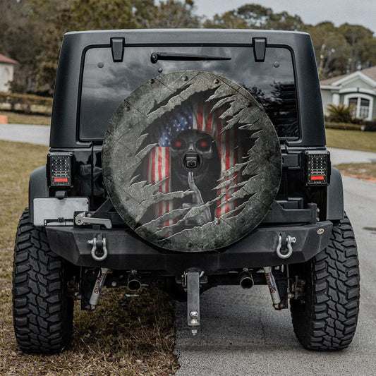 Skull American Flag Spare Tire Cover With Backup Camera Hole