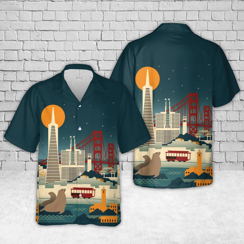 San Francisco, California, Skyline at Night Hawaiian Shirt