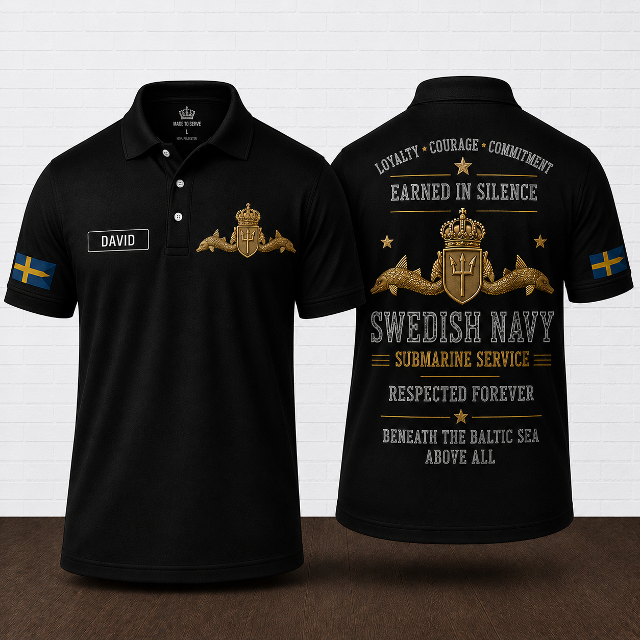 Custom Name Swedish Navy Submarine Service Veteran Polo Shirt | Earned In Silence