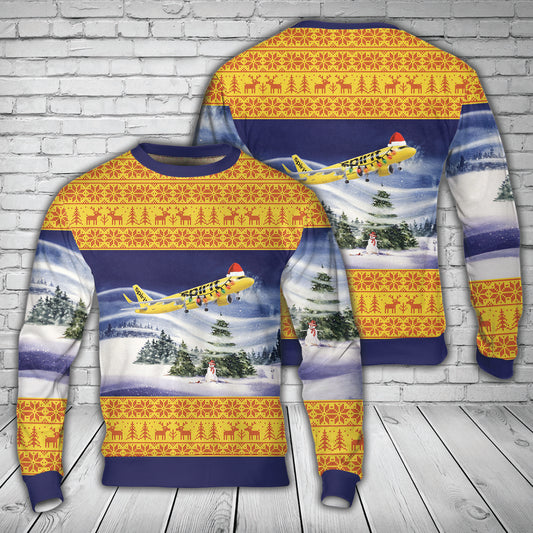 Spirit Airlines AIRBUS A320 NEO Airplane Christmas AOP Sweater