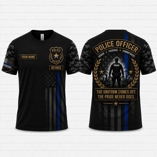 Custom Name Retired Police Officer Thin Blue Line 3D T-Shirt - Honor Courage Commitment Gift