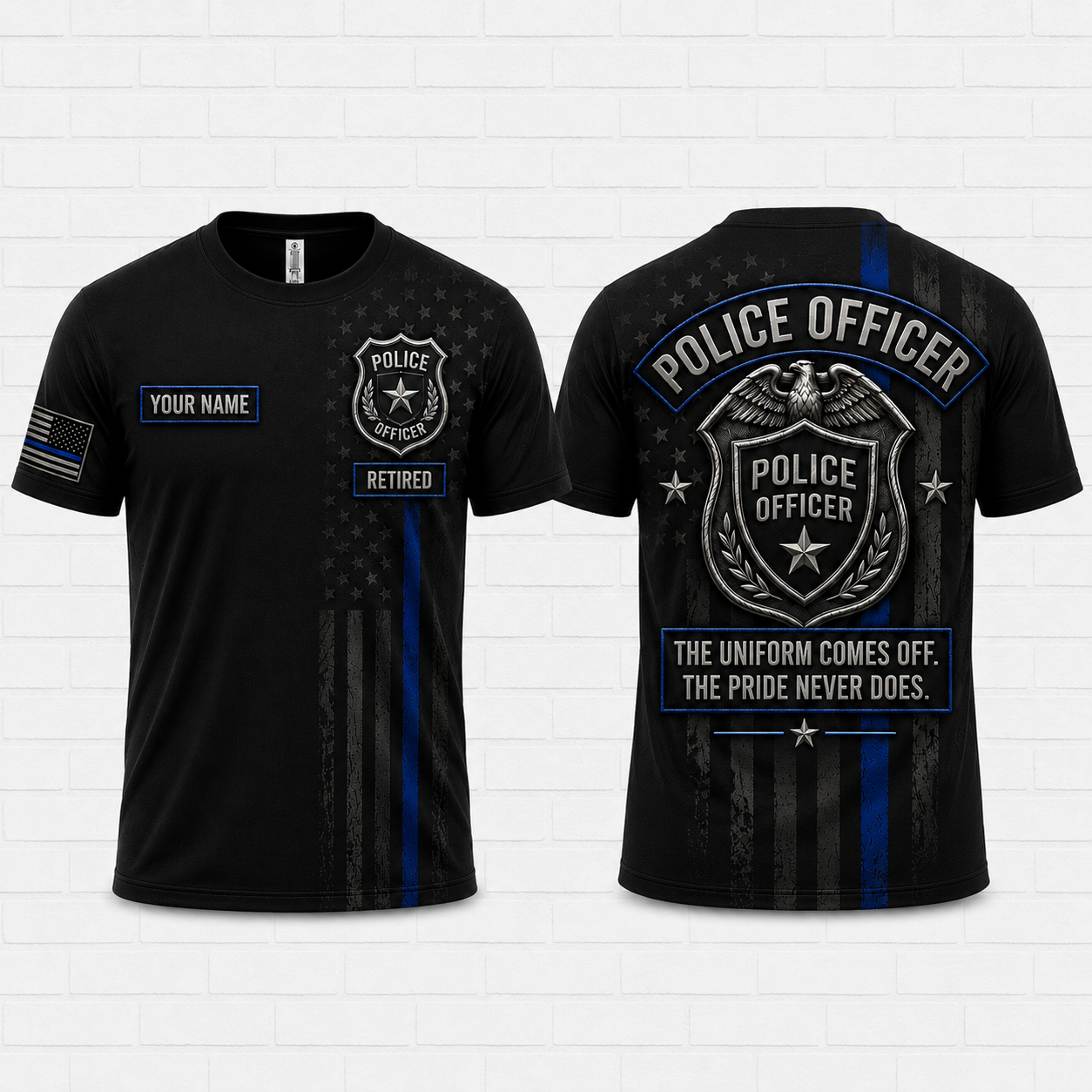 Custom Name Retired Police Officer Thin Blue Line Eagle Badge 3D T-Shirt Gift
