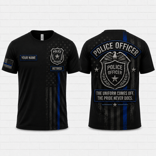 Custom Name Retired Police Officer Thin Blue Line Eagle Badge 3D T-Shirt Gift