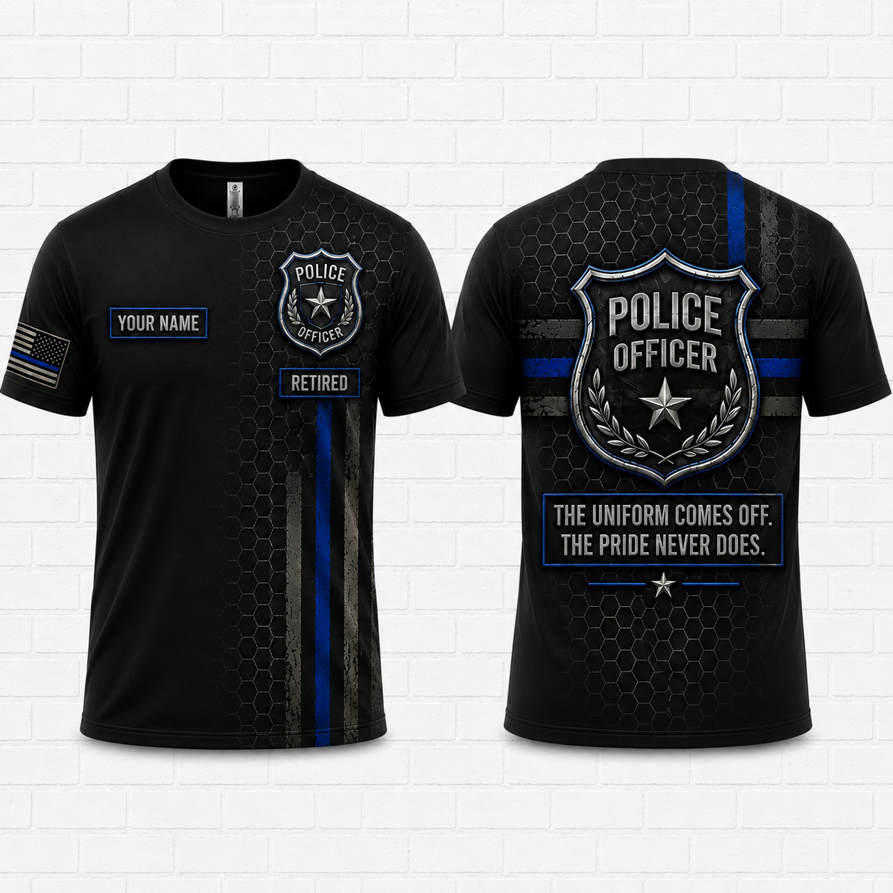 Custom Name Retired Police Officer Thin Blue Line Shield 3D T-Shirt - Personalized Law Enforcement Gift
