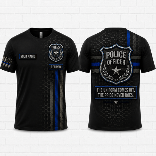 Custom Name Retired Police Officer Thin Blue Line Shield 3D T-Shirt - Personalized Law Enforcement Gift