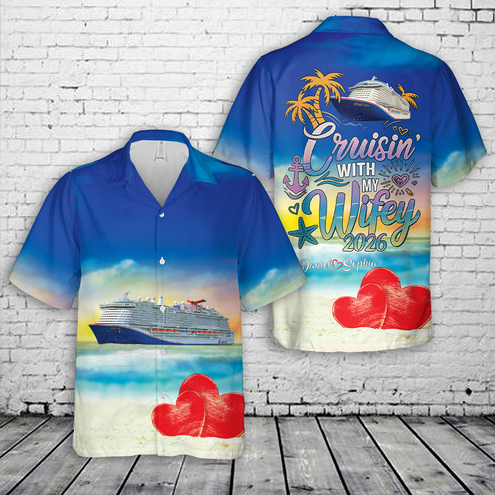 Custom Couple Name & Year Carnival Cruise Line Mardi Gras Valentine's Day Wifey Hawaiian Shirt