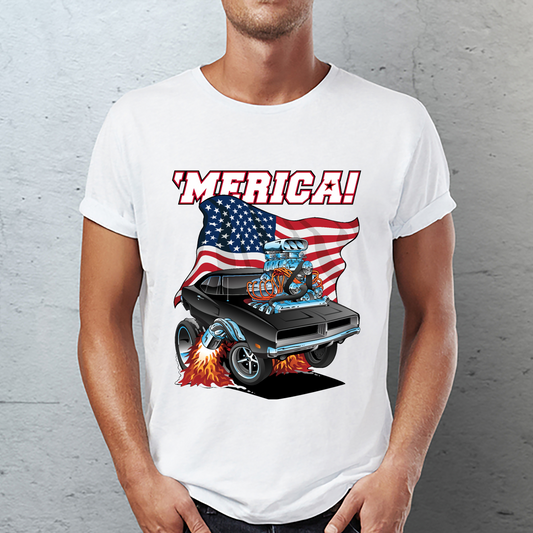 Merica Patriotic Classic Muscle Car with USA Flag Classic Unisex T-Shirt Gildan 5000 (Made In US) DLQD1004PT07