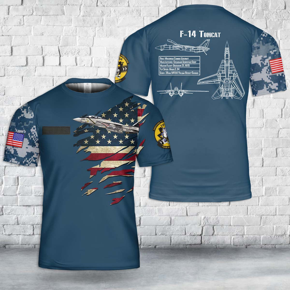 Custom Name US Navy F-14A Tomcat Of VF-84 "Jolly Rogers" T-Shirt 3D