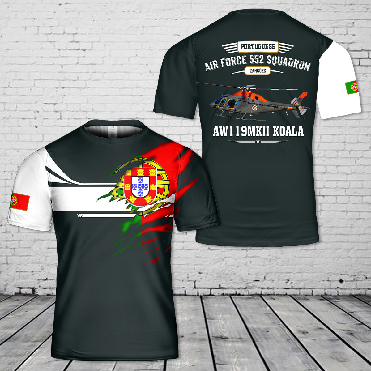 Custom Name Portuguese Air Force 552 Squadron Zangões AW119MKII Koala 3D T-shirt