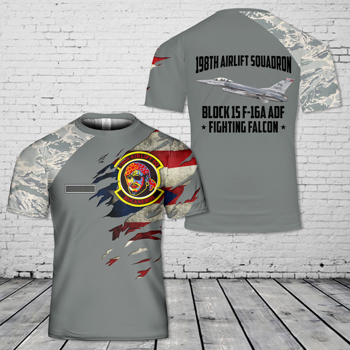 Custom Name Puerto Rico Air National Guard 198th Airlift Squadron Bucaneros Block 15 F-16A ADF Fighting Falcon T-Shirt 3D