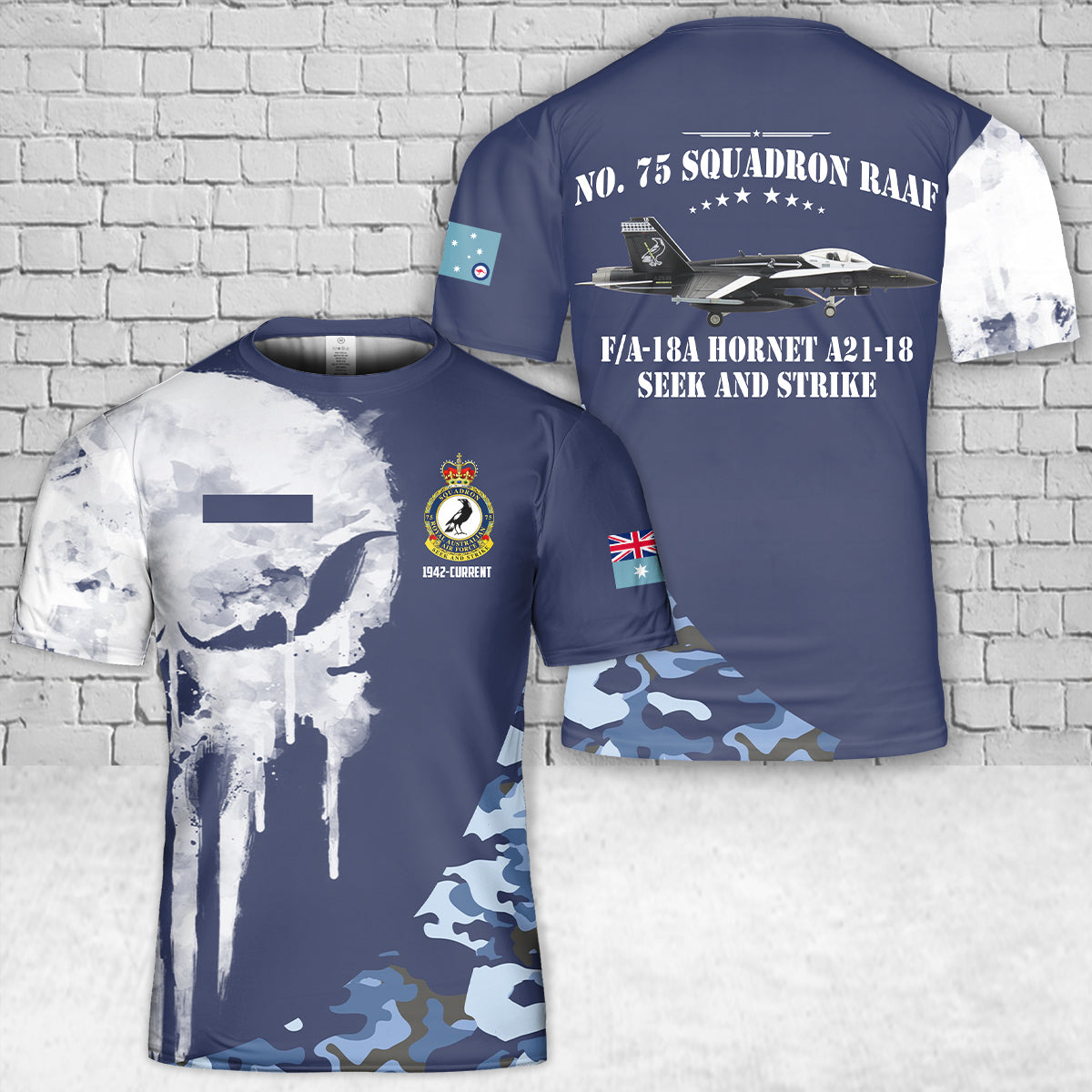 Custom Name Royal Australian Air Force F/A-18A Hornet A21-18 No. 75 Squadron RAAF T-Shirt 3D