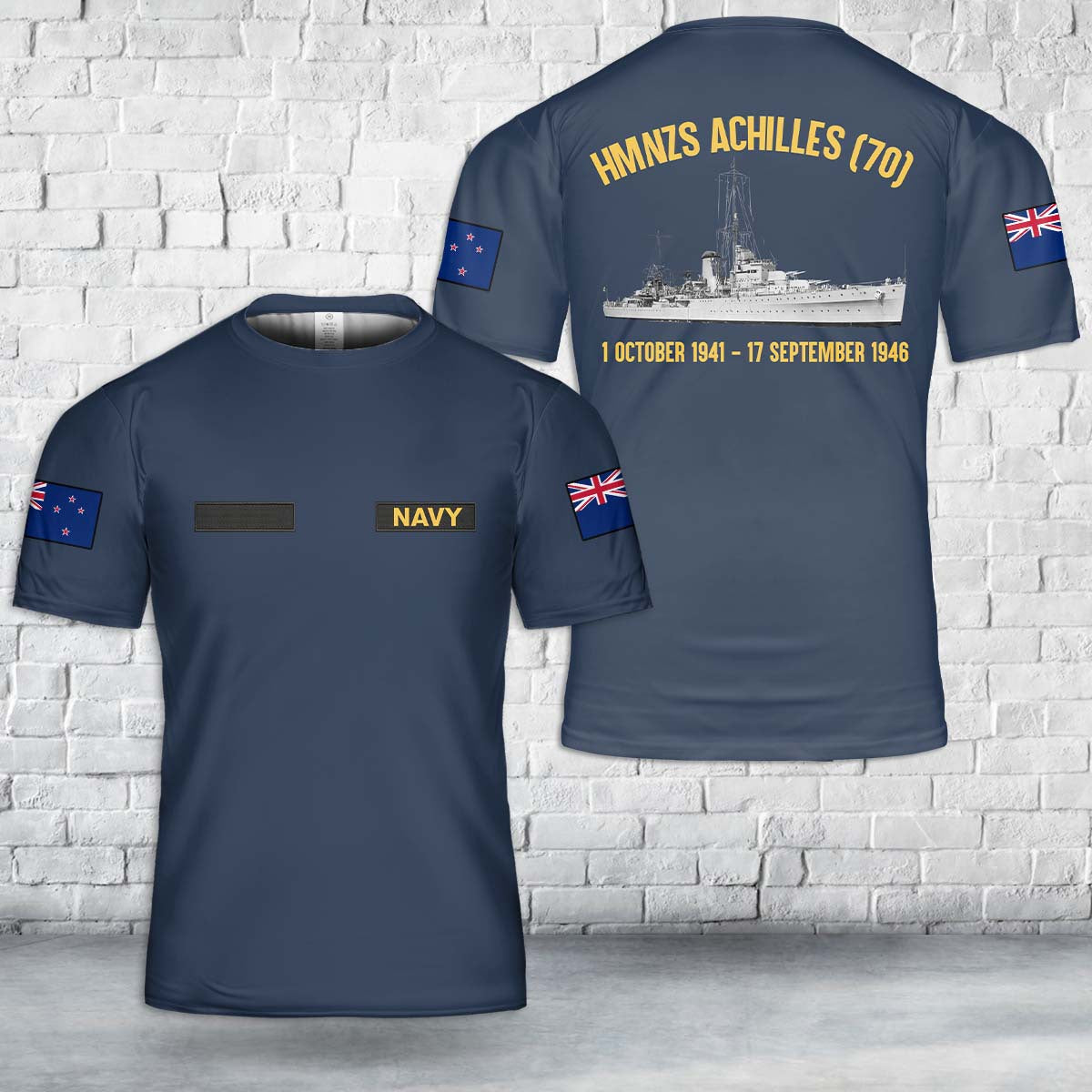 Custom Name Royal New Zealand Navy HMNZS Achilles (70) Leander-class light cruiser In WWII T-Shirt 3D