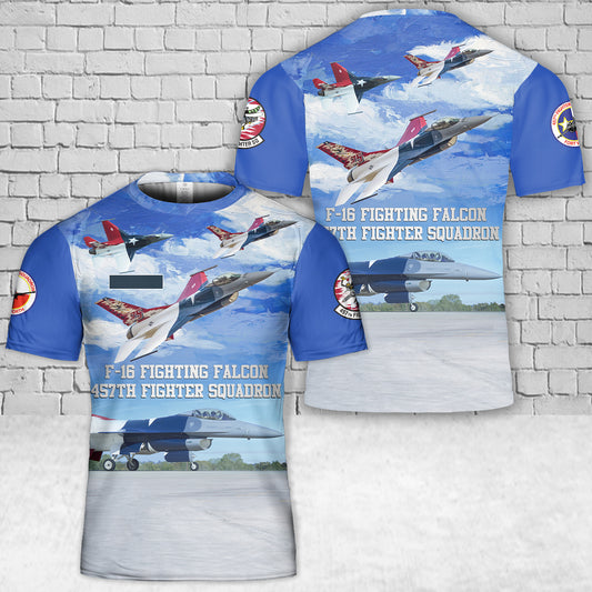 Custom Name US Air Force F-16 Fighting Falcon 457th Fighter Squadron T-Shirt 3D