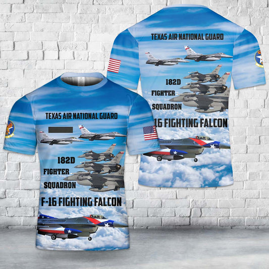 Custom Name US Air Force Texas Air National Guard 182d Fighter Squadron F-16 Fighting Falcon T-Shirt 3D