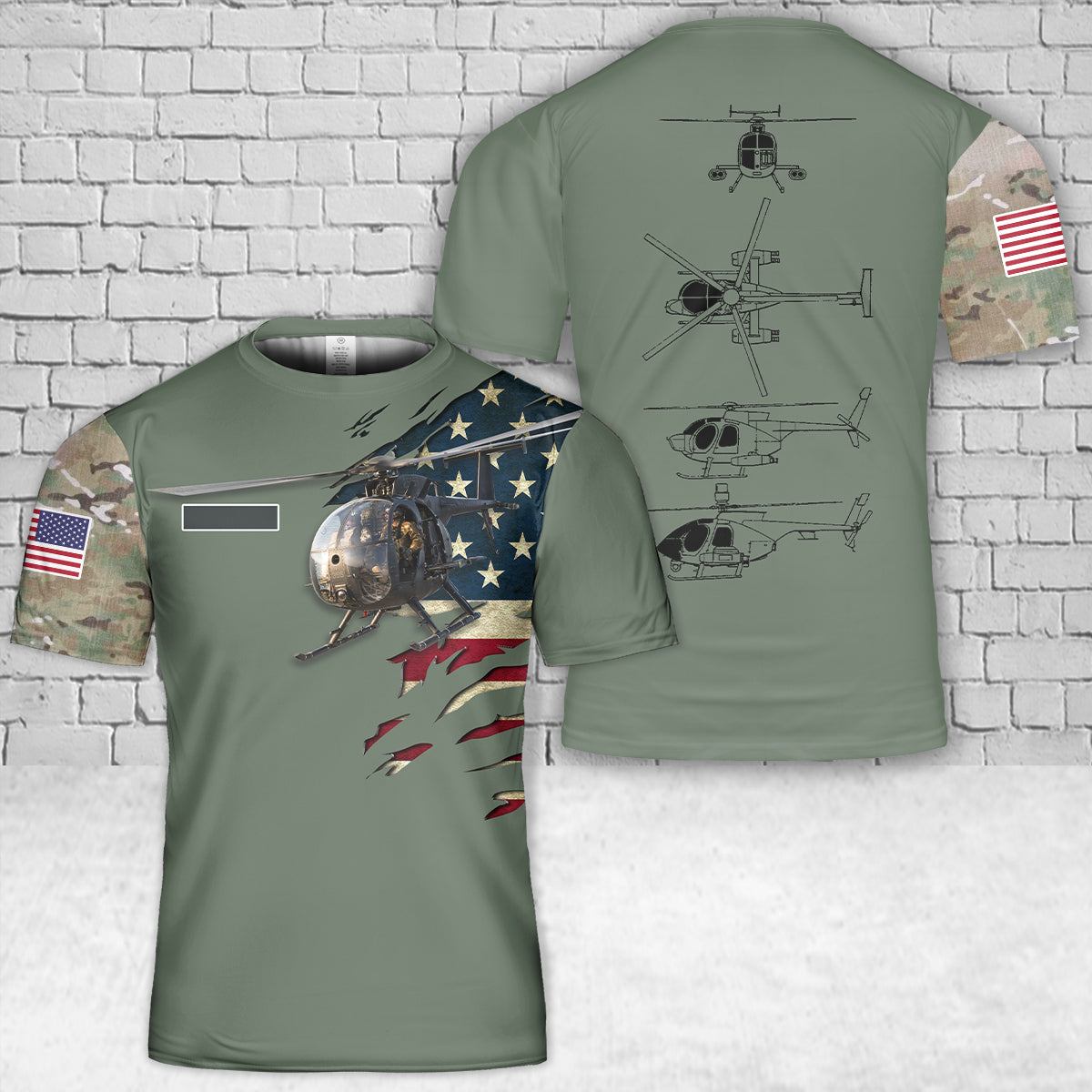 Custom Name US Army MD Helicopters MH-6 Little Bird T-Shirt 3D