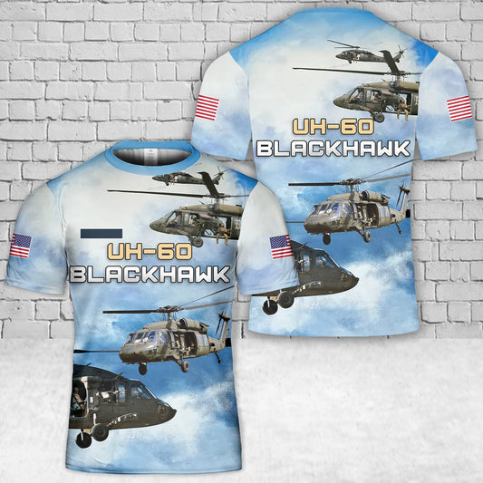 Custom Name US Army UH-60 Blackhawk Helicopter T-Shirt 3D